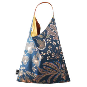 sac triangle tote bag cabas vegan dus and gero doublure satin or toile scandinave orchidee fleur feuille bleu petrole made in france creation francaise