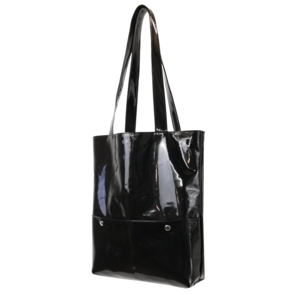 cabas tote bag vinyle laqué noir brillant dus and gero maroquinerie vegan france sac annees 50 vintage look pin up