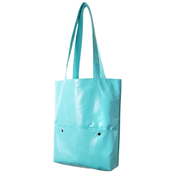 sac cabas tote bag courses vinyle bleu turquoise sixties seventies dus and gero vegan made in france artisanat creatrice