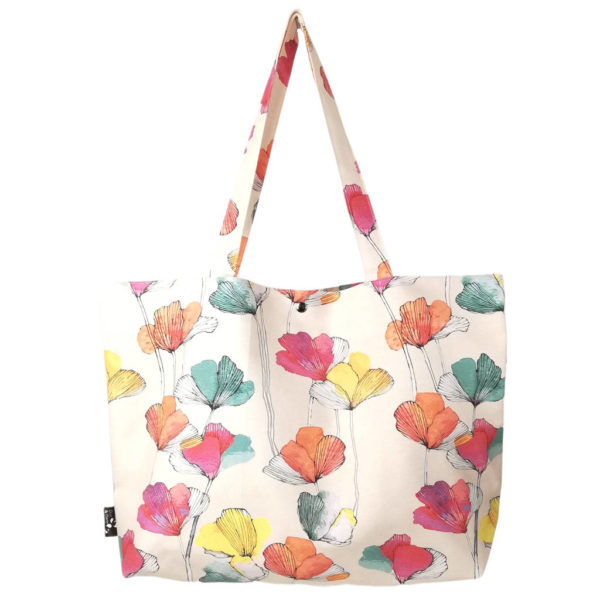 cabas sac plage imprime coquelicot fleurs multicolores toile beige pastel couture france fait main dus and gero