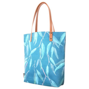 cabas sac tote bag toile simili cuir vegan made in france feuillage eucalyptus bleu canard fait main france artisanat creatrice francaise